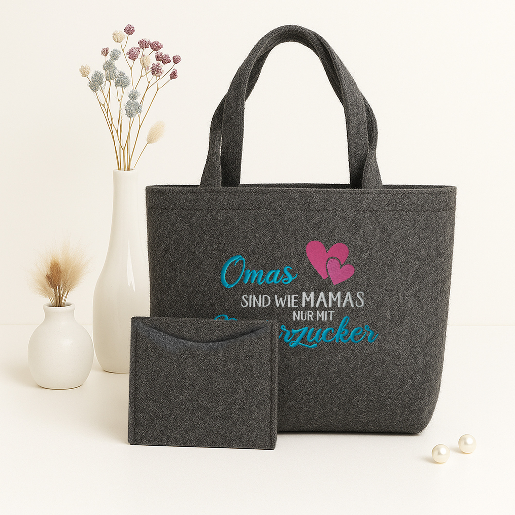 Filztasche grautöne nachhaltiger Shopper inkl. Innentasche Geschenktasche | Stick "Omas sind wie Mamas nur mit Puderzucker"