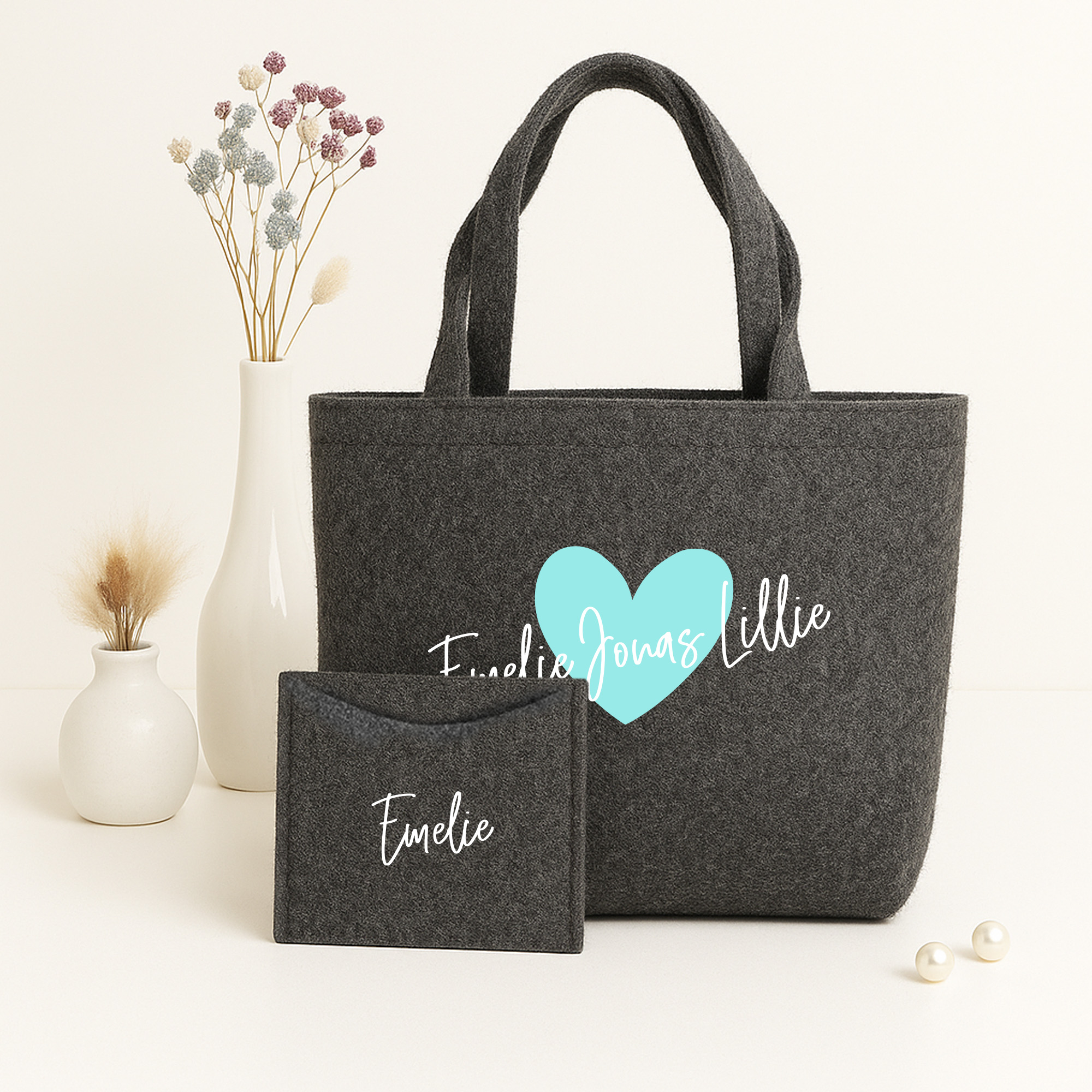 Filztasche nachhaltiger Shopper inkl. Innentasche Geschenk | Herz-Wunschname personalisiert