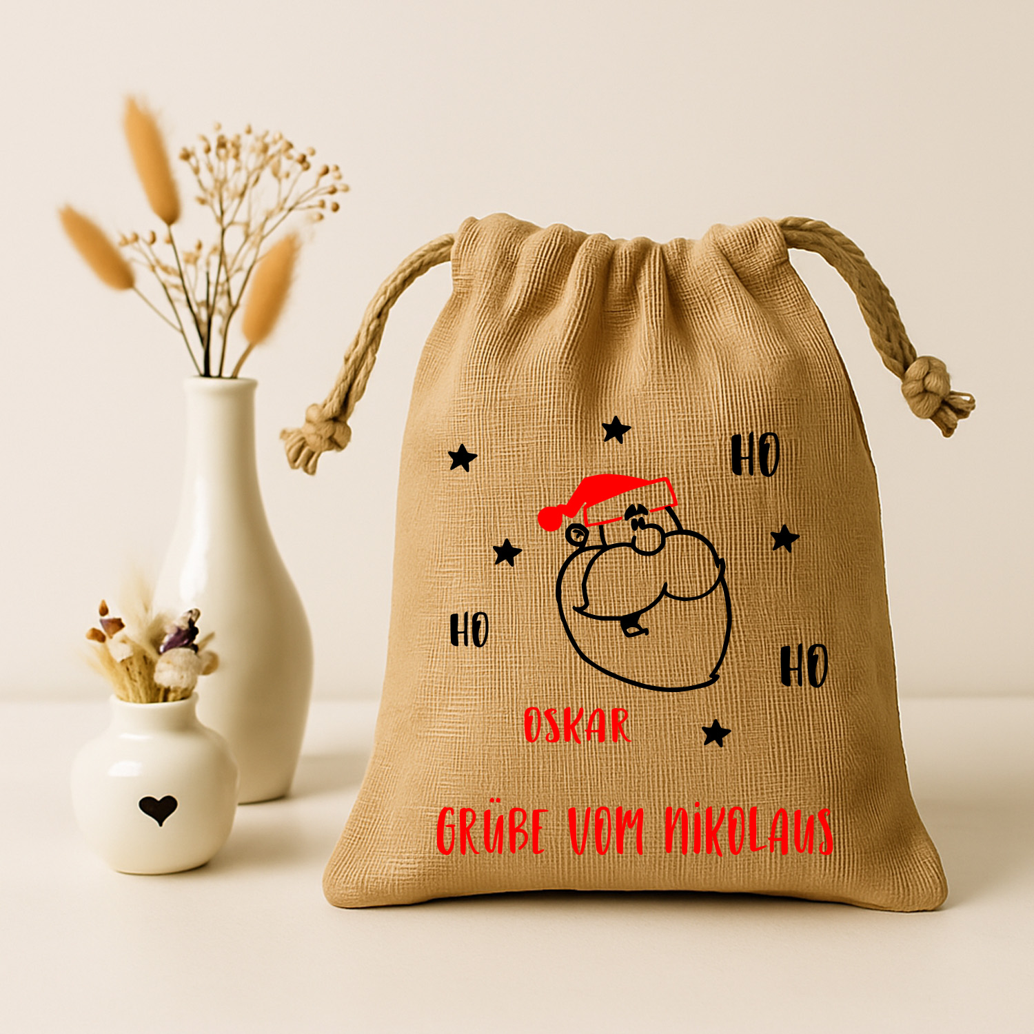 Jute-Nikolaussäckchen Motiv Nikolaus Ho-Ho-Ho in 3 Größen | S - L 
