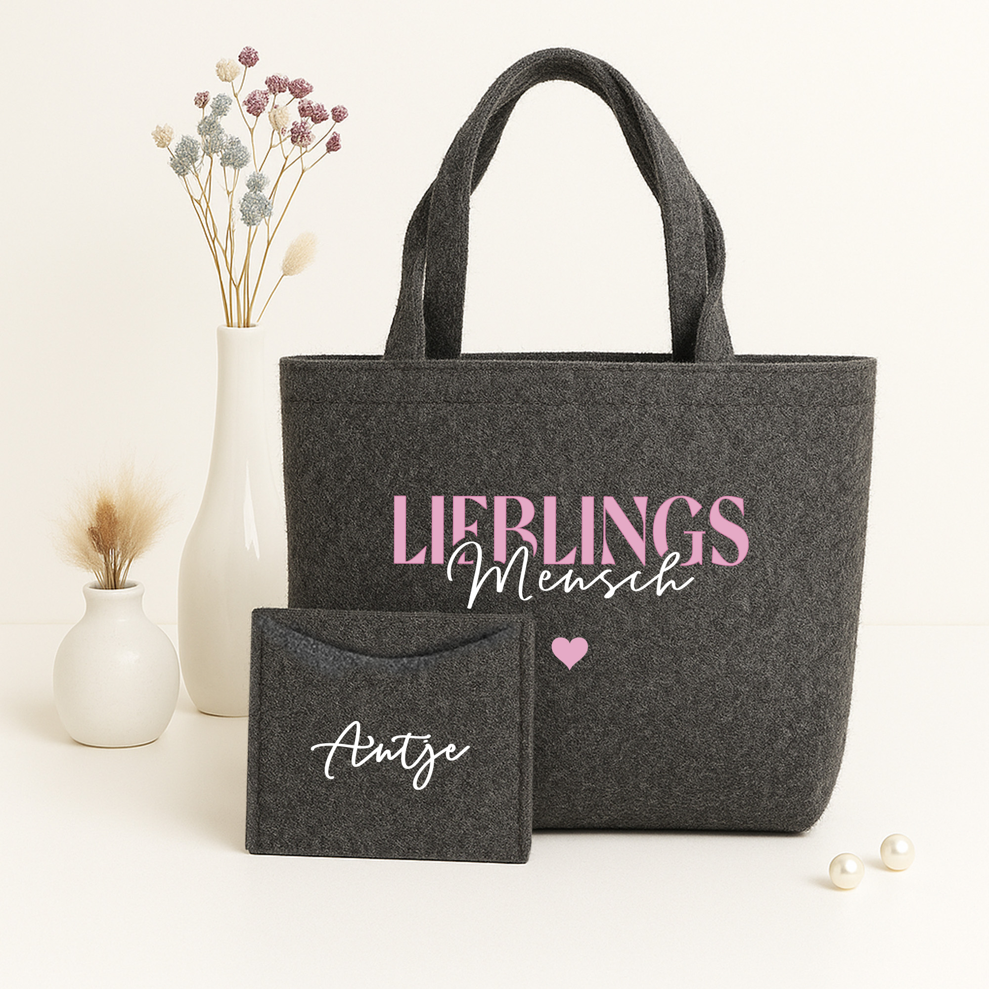 Filztasche nachhaltiger Shopper inkl. Innentasche Geschenk | Druck Lieblingsmensch – personalisiert mit Name 