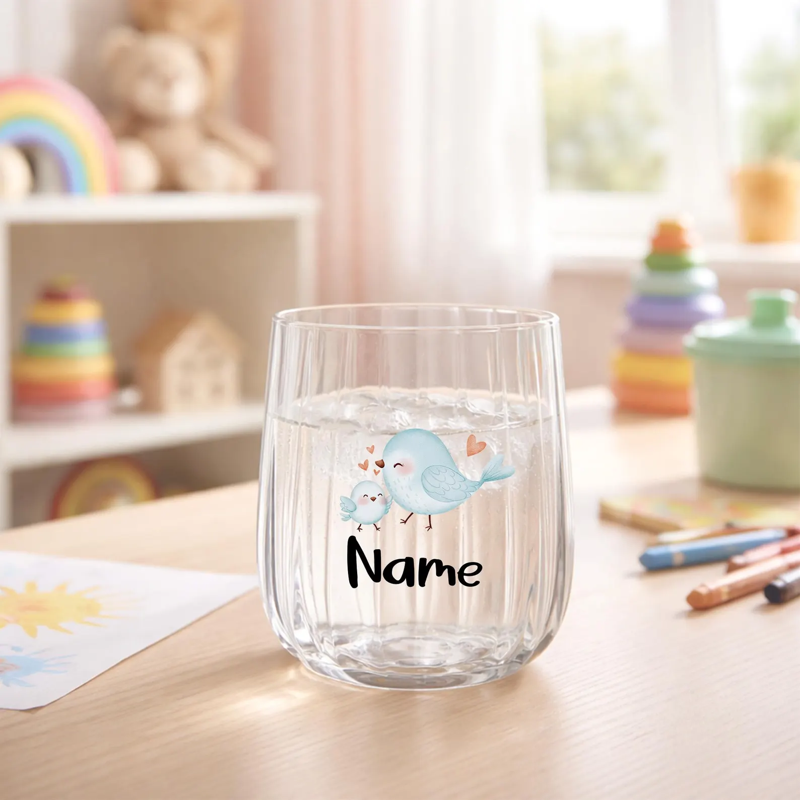 Kinderglas personalisiert mit Namen – Motiv Blaue Vögel – UV-Druck 