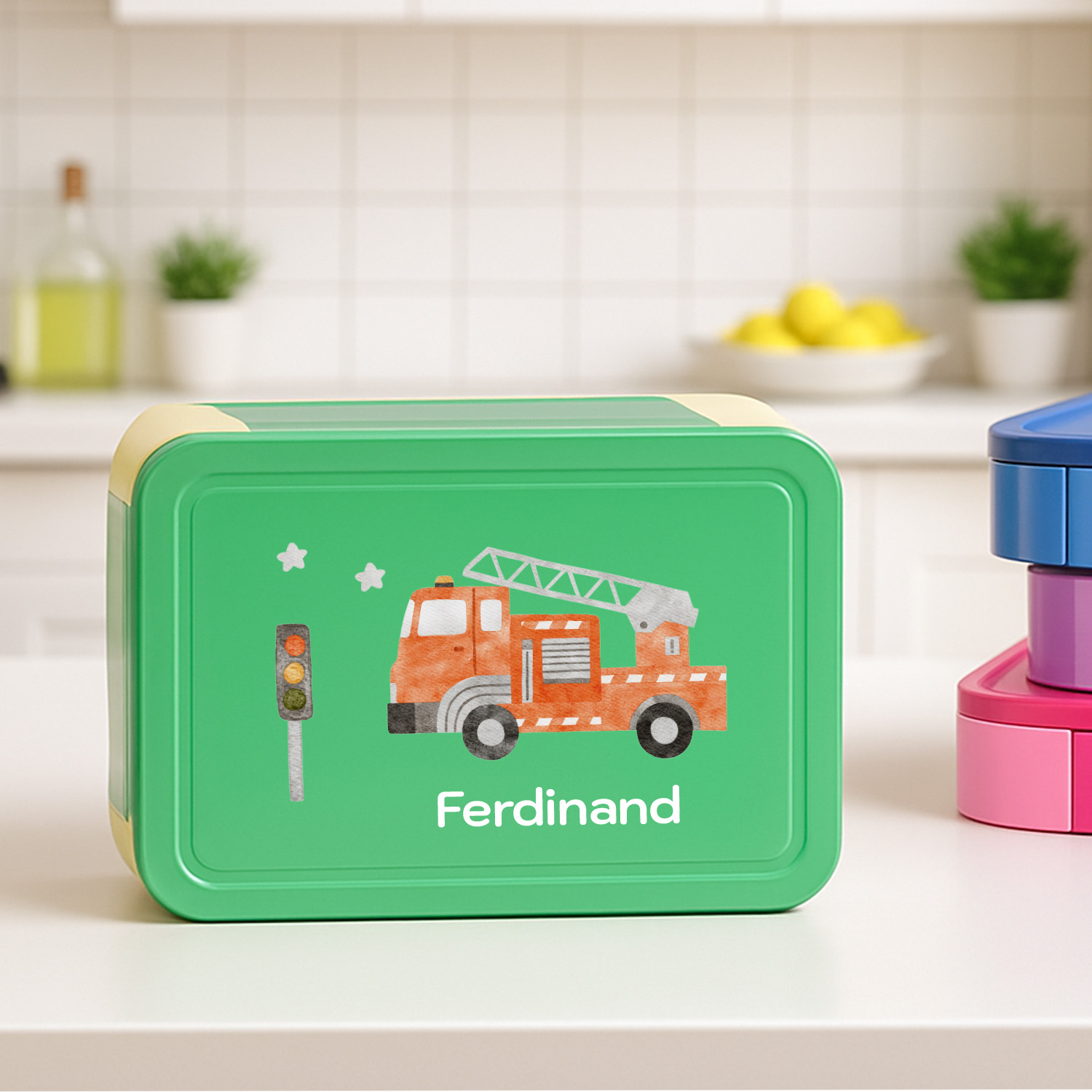 Personaliserte Brotdose Feuerwehrauto mit Name 