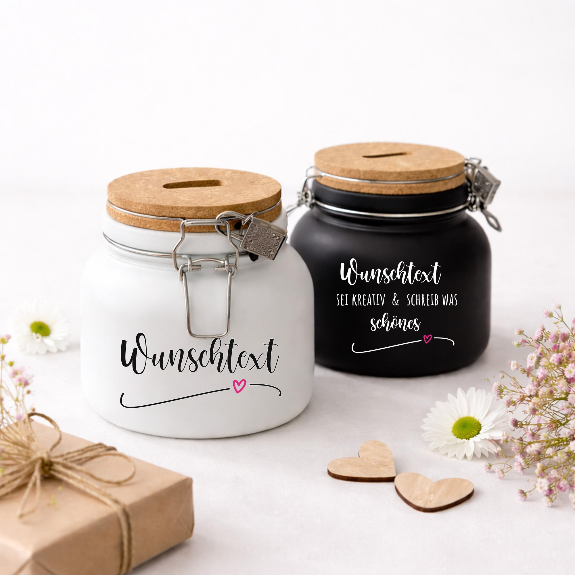 Spardose Sparglas Personalisiert Wunschtext | Sparbüchse Glas mit Korkdeckel | UV-Druck