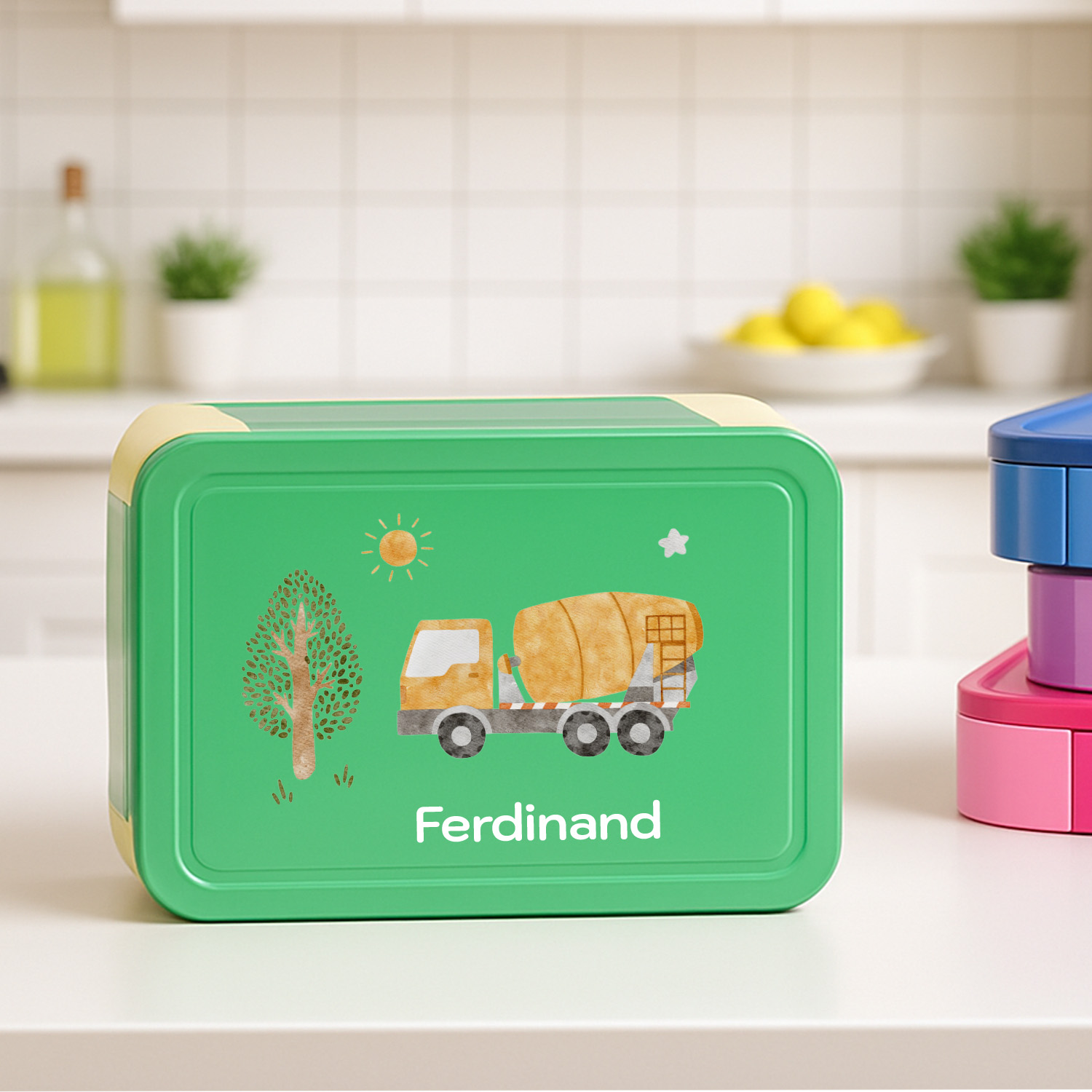 Personaliserte Brotdose Zementmischer mit Name